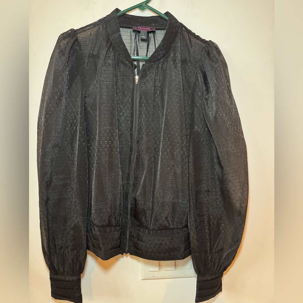 C. Wonder Black Sheer Goth Whimsigoth Whimsical Long Sleeve w Button Top Sz L